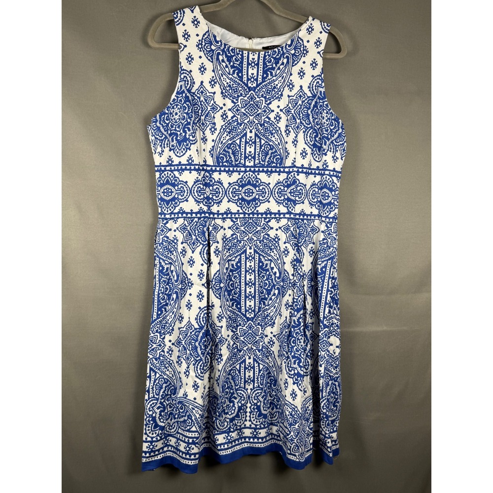 Adorne‎ Fit and Flare Dress Womens 16 Blue White Paisley Sleeveless Cotton Blend